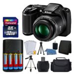 Nikon COOLPIX L340 20MP Digital Camera (Black) + AA Batteries & Charger + Transcend 32GB SDHC Memory Card + 50″ Quality Tripod – Full Value Bundle – International Version (No Warranty)