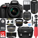 Nikon D3400 24.2 MP DSLR Camera + AF-P DX 18-55mm & 70-300mm NIKKOR Zoom Lens Kit + 64GB Memory Bundle + Nikon Photo Bag + Wide Angle Lens + 2x Telephoto Lens + Flash + Remote +Tripod+Filters (Black)