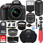 Nikon D5300 24.2 MP DSLR Camera + AF-P DX 18-55mm & 70-300mm NIKKOR Zoom Lens Kit + 64GB Memory Bundle + Photo Bag + Wide Angle Lens + 2x Telephoto Lens + Flash + Remote +Tripod+Filters (Black)