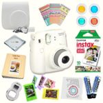 Fujifilm Instax Mini 8 (White) Deluxe kit bundle Includes -Instant camera with Instax mini 8 instant films (10 pack) – Custom Camera Case – instax Album – Frames – Stickers – Close up lens + MORE …