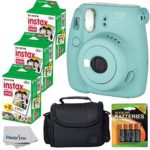 Fujifilm Instax Mini 8+ (Mint)Instant Film Camera W/ Self Shot Mirror + Fujifilm Instax Mini 3 Pack Instant Film(60 Shoots) + Case + Batteries Top Kit – International Version (No Warranty)