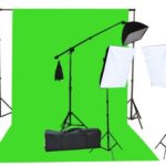 Fancierstudio 2000 Watt Lighting Kit with 10’x12′ Chromakey Green Screen and Three Softbox Lights (One with Boom Arm Hairlight Softbox) for Studio Photography and Video Lighting (F9004SB 10x12G)