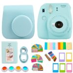 FujiFilm Instax Mini 9 Camera and Accessories Bundle – Instant Camera, Carrying Case, Color Filters, Photo Album, Stickers, Selfie Lens + MORE (Ice Blue)