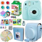 FujiFilm Instax Mini 9 Instant Camera ICE BLUE + Fuji INSTAX Film (20 Sheets) + Instax Accessory Kit BUNDLE Includes; Blue Custom Fitted Case + Photo Album + Fun Frames + Stickers / Lenses + MORE