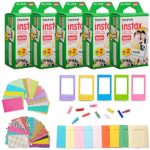 Fujifilm Instax Mini Instant Film Giant Bundle(5 Twin Packs, 100 Total Pictures) + 120 Sticker Frames, 10 Plastic Desk Frame, 20 Hanging Clips with String, Micro-fiber Cleaning Cloth