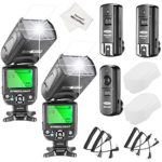 Neewer NW-561 LCD Screen Flash Speedlite Kit for Canon Nikon and Other DSLR Cameras,include:(2)NW-561 Flash+(1)2.4Ghz Wireless Trigger(1 Transmitter+ 2 Receiver)+(1)Microfiber Cleaning Cloth