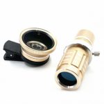 HD Clip-on Camera Lens, Multi-Function 12x Zoom Telephoto Lens + 0.45X Wide Angle Lens + 15X Super Macro Lens For iPhones, Samsung, other Smartphones (Gold)