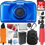 Nikon COOLPIX W100 13.2MP Waterproof Digital Camera (Blue) + 64GB Class 10 UHS-1 SDXC Memory Card + Accessory Bundle