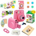 Fujifilm Instax Mini 9 Camera + Fuji INSTAX Instant Film (20 SHEETS) + 14 PC Instax Accessories kit Bundle, Includes; Instax Case + Album + Frames & Stickers + Lens Filters + MORE (Flamingo Pink)