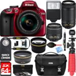 Nikon D3400 24.2 MP DSLR Camera + AF-P DX 18-55mm VR & AF-P DX 70-300mm ED Lens + Bundle 64GB SDXC Memory + Photo Bag + Wide Angle Lens + 2x Telephoto Lens + Flash + Remote +Tripod+Filters (Red)