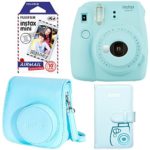 Fujifilm Instax Mini 9 – Ice Blue Instant Camera, Fujifilm Instax Mini Airmail Film, Fujifilm Instax Groovy Camera Case – Blue and Fujifilm INSTAX WALLET ALBUM 108 BLUE