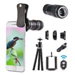 Telephoto lens kit, 4 in 1 Cell Phone Camera Lens, 12X Telephoto Lens + 180° Fisheye Lens + 0.65 Wide Angle Lens + Macro Lens, Clip-On Lenses for iphone 8 7 6 plus, Samsung Smartphone + Remote Shutter