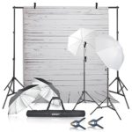 Emart Photography Umbrellas Continuous Lighting Kit, 400W 5500K, 10ft Backdrop Support System with Vinyl Plastic White Wood Floor Background Screen for Photo Video Studio Shooting