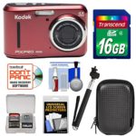 KODAK PIXPRO Friendly Zoom FZ43 Digital Camera (Red) with 16GB Card + Case + Selfie Stick + Kit