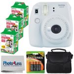 Fujifilm instax mini 9 Instant Film Camera (Smokey White) + Fujifilm Instax Mini Twin Pack Instant Film (60 Shots) + Compact Camera Case + 4 AA Batteries + Cleaning Cloth – Full Accessory Bundle