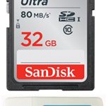 SanDisk Ultra SD Memory Card for Nikon Coolpix L340, B500, A10, L32, S7000, A300, P900, Camera UHS-I Class 10 Up to 80MB with Everything But Stromboli Memory Card Reader (32 GB)
