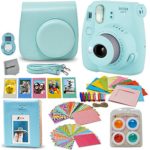 Fujifilm Instax Mini 9 Instant Fuji Camera (ICE BLUE) + Accessories Bundle + Custom Matching Case w/Neck Strap + Photo Album + Assorted Frames + 4 Color Filters + 60 Sticker Frames + MORE