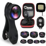KobraTech 9 in 1 Cell Phone Camera Lens Kit – Phone Lens iPhone & Android – Super Wide Angle, Macro, Kaleidoscope, Telephoto, CPL, Fisheye Lens + Remote LED Light