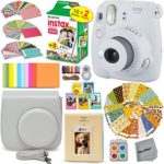 FujiFilm Instax Mini 9 Instant Camera SMOKEY WHITE + Fuji INSTAX Film (20 Sheets) + Custom Camera Case + Instax Album + 60 Colorful Stickers + 20 EMOJI stickers + Fun Frames + 4 Colored Filters + MORE