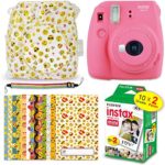 FujiFilm Instax Mini 9 Instant Camera FLAMINGO PINK + Fuji Instax Film (20 Sheets) + EMOJI Print Hard Clear Case + 20 EMOJI Sticker Frames + Rainbow Neck/Shoulder Strap