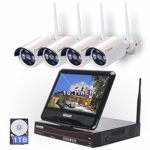 All in one with Monitor Wireless Security Camera System Home WiFi CCTV 4CH 1080P NVR Kit 4pcs 960P Indoor Outdoor Bullet IP Camera P2P IR Night Vision Waterproof Plug and Play with 1TB Hard Drive