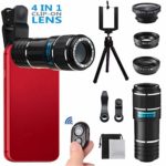 Phone Camera Lens, MSDADA Telephoto Lens Kit, 12X Optical Telescope, Fisheye, Wide Angle and Macro Lens, Retractable Tripod with Bluetooth Shutter for IPhone, Samsung, Most of Smartphones?Tablets