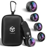 Lens Kit Pro – 5 in 1 Universal Set for iPhone, Samsung, Tablets – 2X Zoom Telephoto, 198° Fisheye, 0.63X Super Wide Angle, 15X Macro & Kaleidoscope CPL Filter for Cell Phones (2019 Version)