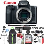 Canon EOS M50 Mirrorless Camera Body with 4K Video (Black) Deluxe 32GB Triple Battery Bundle with Shotgun Mic, Backpack, Tripod and More
