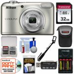 Nikon Coolpix A10 Digital Camera (Silver) with 32GB Card + Batteries & Charger + Case + Selfie Stick + Kit