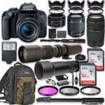 Canon EOS Rebel T7i DSLR Camera with 18-55mm Lens Bundle + Canon EF 75-300mm III Lens, Canon 50mm f/1.8, 500mm Lens & 650-1300mm Lens + Canon Backpack + 64GB Memory + Monopod + Professional Bundle