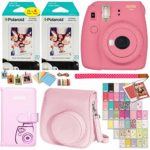 Fujifilm Instax Mini 9 Instant Camera (Flamingo Pink), 2 x Twin Pack Instant Film (40 Sheets), Camera Case, Photo Album, Square Photo Frames & Accessory Bundle 