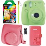 Fujifilm Instax Mini 9 Instant Camera – Lime Green, FujiFilm Instant Mini Rainbow Film, Fujifilm Instax Groovy Camera Case – Raspberry and Fujifilm INSTAX Wallet Album Raspberry