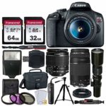 Canon EOS Rebel T7 DSLR Camera + EF-S 18-55mm f/3.5-5.6 is II + EF 75-300mm f/4-5.6 III Lens + Telephoto 500mm f/8.0 T- Mount Lens (Long) + 64GB & 32GB Memory Card + Canon EOS Bag + Slave Flash + More