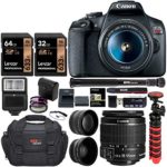 Canon EOS Rebel T7 24MP Camera + EF-S 18-55mm is II Lens + 96GB + 62″ Monopod+ Camera Bag+ Cleaning Kit+ Lexar U3 Memory + 58mm 2X Telephoto & 58mm Wide Angle Lens &More