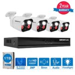 PoE Home Security Camera System,WESECUU 1080P 4CH Surveillance NVR System with 1TB Hard Drive,4PCS Outdoor PoE Cameras with Floodlight,Color Night Vision,Two Way Talk,AI Human Detection,Siren Alarm