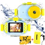 Kids Underwater Camera,ROTEK Dual 8MP 1080P Super HD Waterproof Digtial Camera with 2.4inch IPS Screen 32G Memory Rechargeable Front and Rear Selfie Video Camera for Children,Boys,Girls,Swimming(Blue)