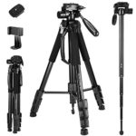 72-Inch Camera Tripod, Aluminum Tripod & Monopod for DSLR Cameras, Phone Mount for Smartphones with 2 Quick Release Plates and Convenient Carrying Case Ideal for Travel and Work – MH1 Black