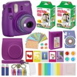 Fujifilm Instax Mini 9 – Instant Camera Clear Purple with Clear Accents with Carrying Case + Fuji Instax Film Value Pack (40 Sheets) Accessories Bundle, Color Filters, Photo Album, Assorted Fra