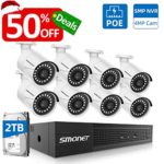SMONET 5MP PoE Home Security Camera System, 8CH PoE Video Surveillance System with 2TB HDD,8pcs Wired Indoor Outdoor 1080Px2 IP Cameras,Waterproof NVR Kit,7/24 Recording, Free Remote View,Night Vision