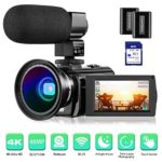 4K Camcorder Video Camera Rosdeca Ultra HD 48.0MP WiFi Digital Camera IR Night Vision 3.0″ IPS Touch Screen 16X Digital Zoom with External Microphone, Wide Angle Lens, 2 Batteries and Memory Card