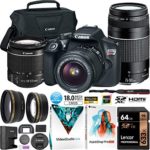 Canon EOS Rebel T6 DSLR Camera with EF-S 18-55mm F3.5-5.6 is II + EF 75-300mm F4-5.6 III Dual Lens Kit Case + 0.43x Wide Angle + 2.2X Telephoto Lens + 64GB Card + Photo Video Software Bundle