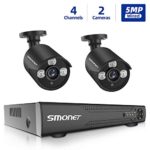 SMONET 5MP Security Camera System,4 Channel Home Security Camera Systems 5-in-1 5MP DVR Camera System, 2 Wired 5MP Indoor Outdoor Waterproof Surveillance Cameras with Night Vision Remote View