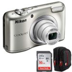 Nikon 26518B COOLPIX A10 16.1MP 5X Zoom NIKKOR Glass Lens Digital Camera Silver (Renewed) Bundle with Sandisk Ultra SDHC 16GB UHS Class 10 Memory Card, Deco Gear Camera Case (Black/Red)