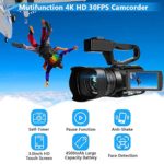 Video Camera 4K Camcorder HD 48MP 30X Digital Zoom Camera for YouTube IR Night Vision 4500mAh Battery with Portable Handheld Stabilizer 2.4G Remote Control Microphone with 64G SD Card