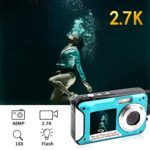 Waterproof Camera Underwater Camera 10 FT 2.7K Full HD 48MP 16X Digital Zoom Waterproof Digital Camera Self-Timer Dual Screens Anti Shake for Snorkeling, Travel and Vacation