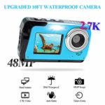 Waterproof Camera 2.7K Underwater Cameras 48 MP Waterproof Camcorder Camera Dual Screen TFT Displays Selfie Video Recorder Waterproof Digital Camera with Flash Light, Blue