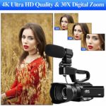 Video Camera 4K Camcorder Ultra HD 48MP 30X Digital Zoom Camera for YouTube IR Night Vision 4500mAh Battery with Handheld Stabilizer 2.4G Remote Control Microphone and 64G SD Card