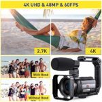 4K Video Camera WiFi Camcorder, Vlogging Camera 48MP 60FPS IR Night Vision IPS Touch Screen for YouTube, Digital Camera with 16X Digital Zoom, Microphone, Stabilizer, 2.4G Remote Control, 2 Batteries
