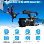 Video Camera 4K HD Newest Auto Focus Camcorder 48MP 60FPS 30X Digital Zoom Camera for YouTube LED Function 4500mAh Battery with Handheld Stabilizer, Remote Control,Microphone and 64G SD Card