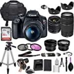 Canon EOS Rebel T7 DSLR Camera w/EF-S 18-55mm f/3.5-5.6 is II & EF 75-300mm f/4-5.6 III Lens + Wide-Angle and Telephoto Lenses + Portable Tripod + Memory Card + Deluxe Accessory Bundle (Renewed)